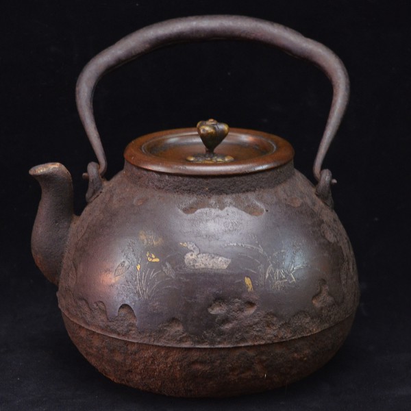 龍文堂 鉄瓶 金象嵌 花鳥模様 総重量約1781g 水鳥 銅製蓋 買取 しました！